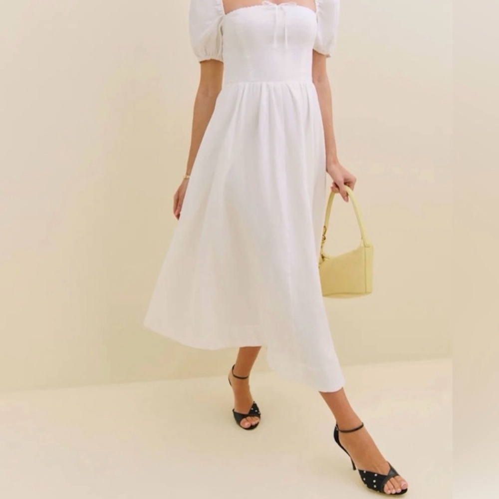 Reformation White Puff-Sleeve Midi Dress